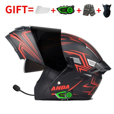 Flip-Up Helmets Factory, Motosiklet kaskı (dəbilqə) - bluetooth-model-red-line-black-tea-mirror-high-definition-mirror-m-size-55-56-head-circumference