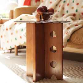 实木茶几家用小户型法式钢化玻璃茶几创意复古简约客厅新中式边几