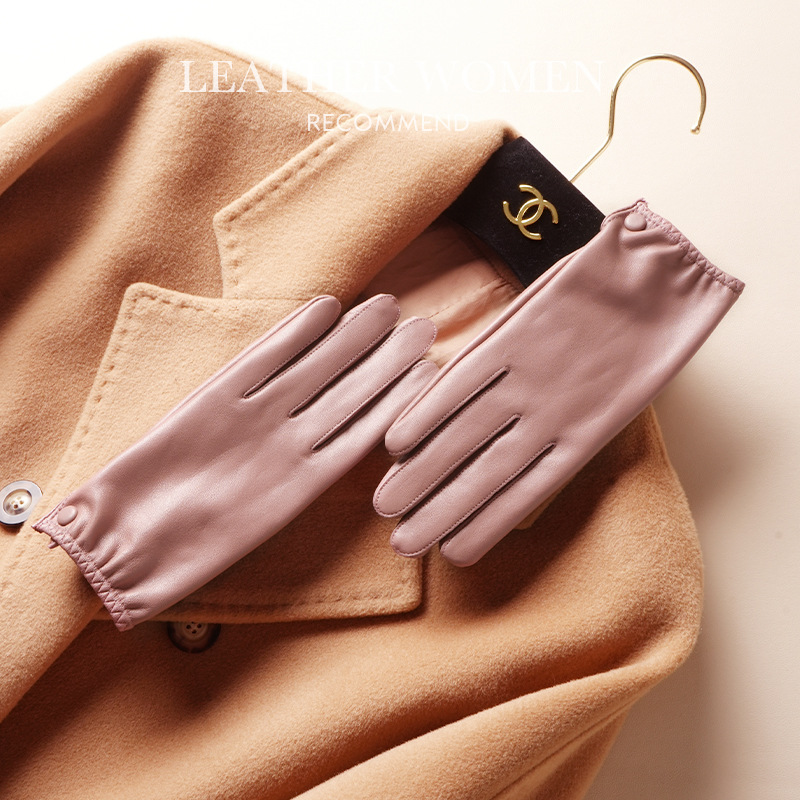 真皮手套女秋冬薄款开车骑行电动车保暖防风触屏简约短款头层羊皮