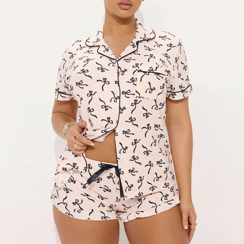 Cross-Border Women's Summer Pajamas with Stripes, Basic Short-Sleeve Shorts, Casual Women's Loungewear Two-Piece Set Nightwear