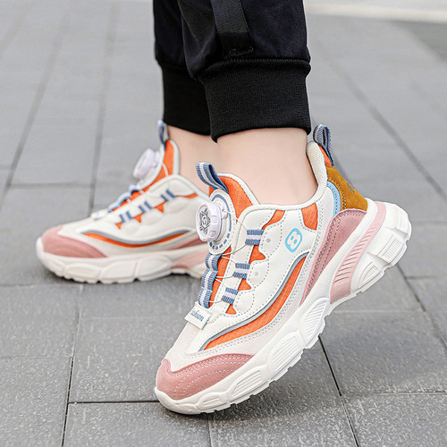 Children's Sports Shoes  Autumn/Winter, Boys' Leather Surface Breathable Sports Shoes, Girls' Running Shoes, Student Rotation Button Shoes