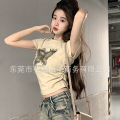 2025国境を越えた起爆金の実写価格夏の韓国版ギャル女性蝶刺繍ショートvネック修身半袖t