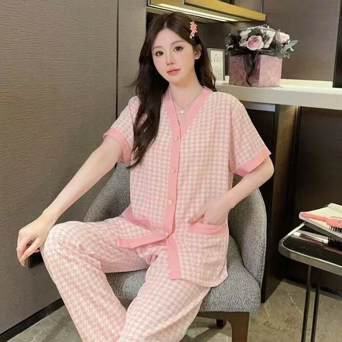 2026 cross-border women's summer pajamas, short-sleeved long-pants set, high-end quality, thin home wear made of waffle cotton, can be worn outside 2026 cross-border women's summer pajamas, short-sleeved long-pants set, high-end quality, thin home wear made of waffle cotton, can be worn outside