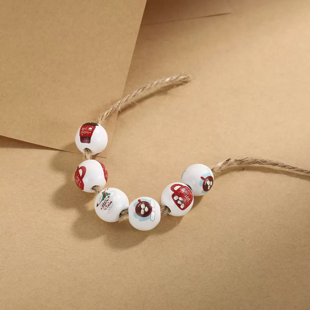 跨境货源16mm木珠咖啡主题圆珠可可豆印花散珠DIY麻绳珠串配件