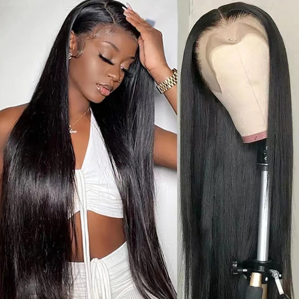 Synthetische, leichte Clip-in-Perücke aus langem, glattem Haar für Damen mit Mittelscheitel und synthetischer Spitze_voghion.com
