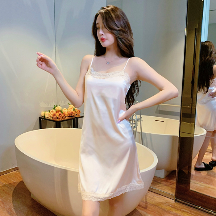 Venta al por mayor verano suspender camisón de las mujeres de alta densidad stretch Satén de seda pijamas de encaje sexy delgada en línea LIVE Home wear