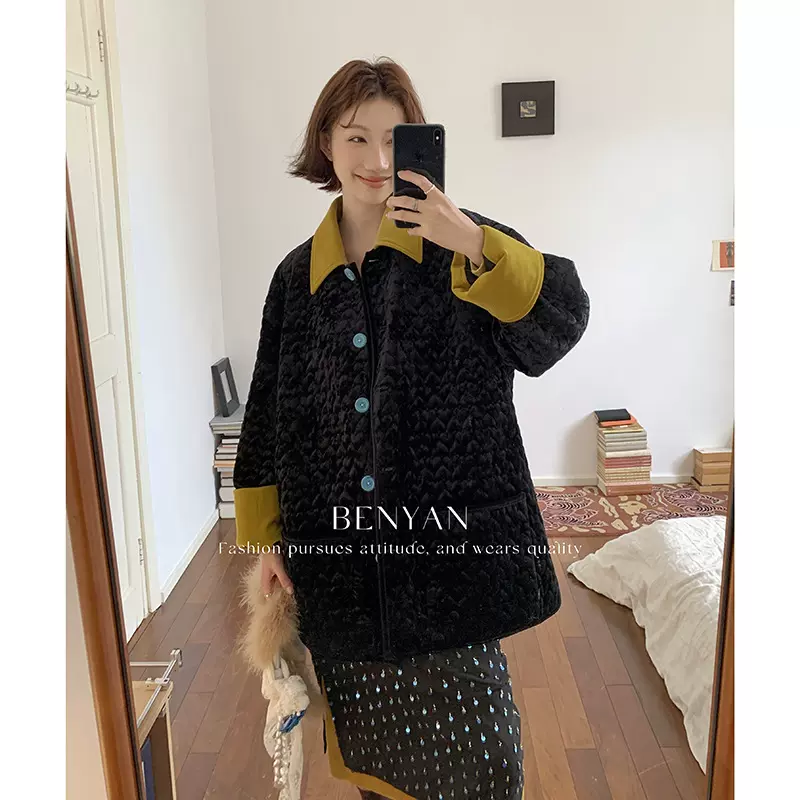 BENYAN本言 法式慵懒风丝绒外套加厚夹棉撞色拼接大衣风衣女82660