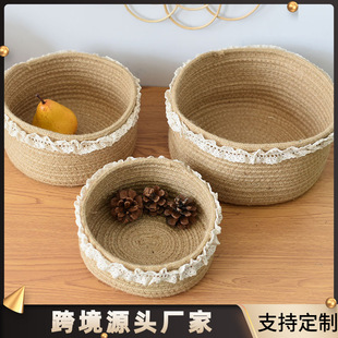 Cotton and Hemp Rope Flower Basket Storage Basket Household Basket Storage Box Portable Lace Round Cross-border Miscellaneous Basket