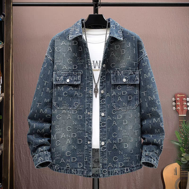 Denim Jacket Men's Spring and Autum Trendyy Plaid Stitching Student Loose Lapel Work Jacket Casual Autum Top