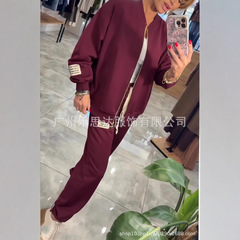 25秋冬新款亚马逊独立站欧美跨境女装圆领拉链外套裤子休闲套装