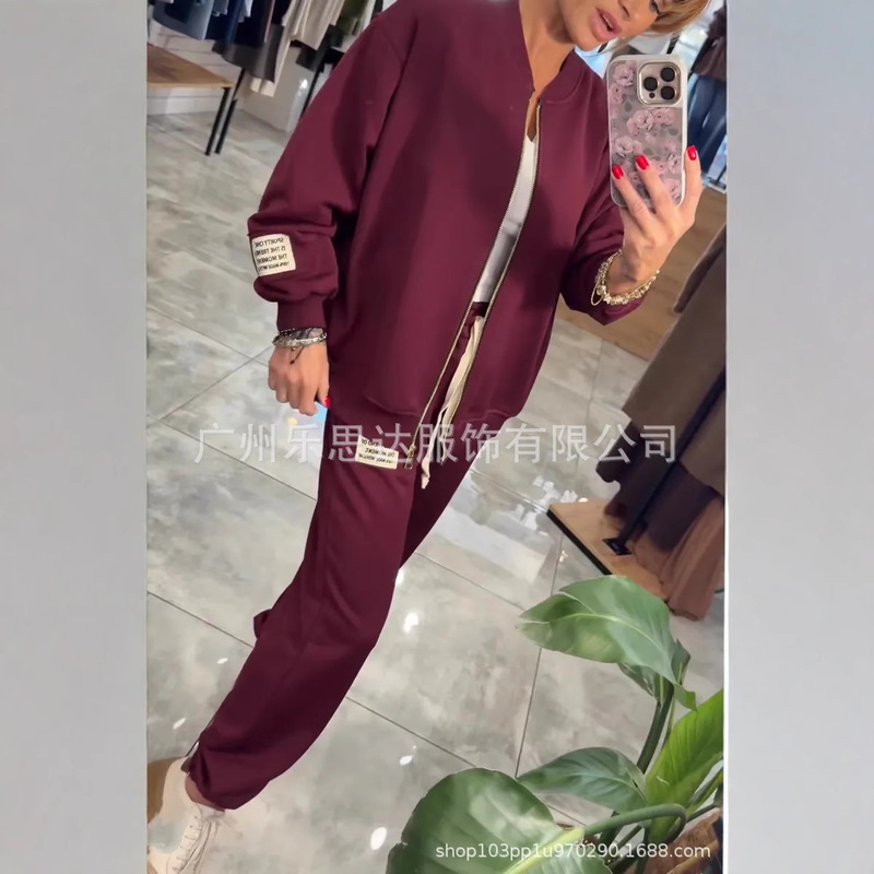 25秋冬新款亚马逊独立站欧美跨境女装圆领拉链外套裤子休闲套装|undefined