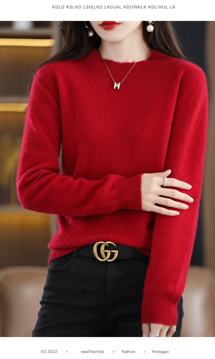 2022 Autumn and winter Cashmere sweater for women, semi-high collar, slimming, pullover, solid color 100 long-sleeved knitted base wool sweater pic 45