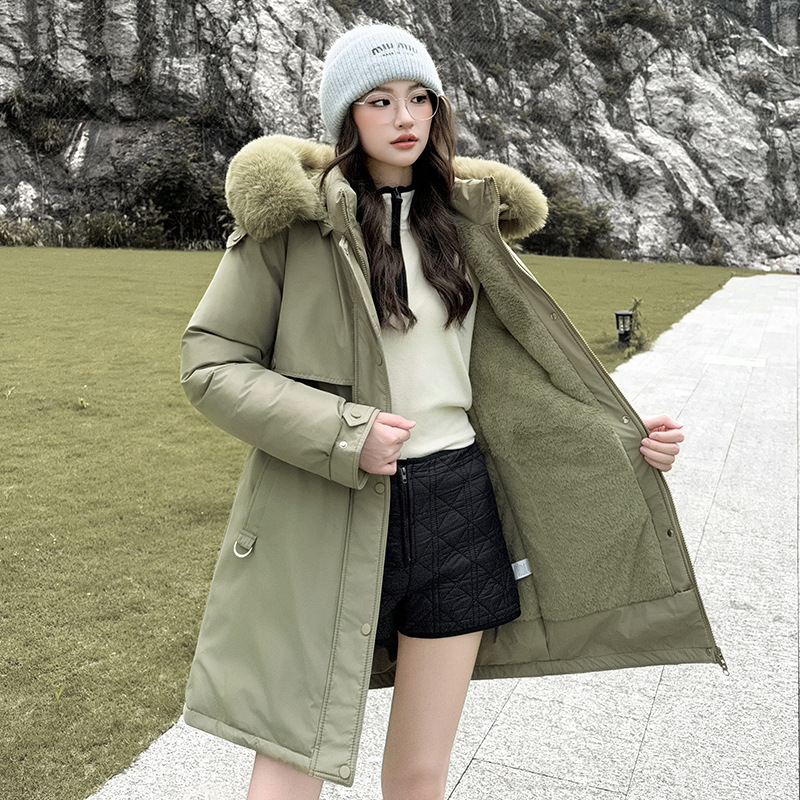 2025 invierno extraíble sombrero para superar el nuevo estilo de mujer de estilo largo y medio con camisa de algodón gruesa y delgada chaqueta de algodón