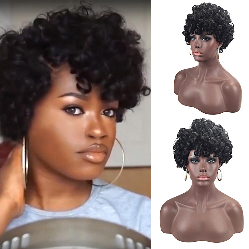 Comercio exterior peluca corta cabeza cubierta de fábrica Ventas Directas pequeño Pelo Rizado Pelo Corto cabeza cubierta negro tornillo pequeño rollo cabeza cubierta