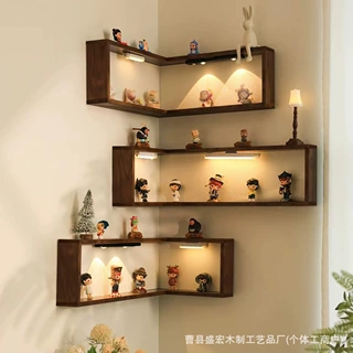 实木壁挂式转角置物架墙面装饰摆放架木制客厅壁挂手办娃娃陈列架
