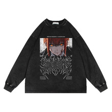 300克重磅水洗做旧复古潮牌圆领卫衣电锯人动漫宽松休闲长袖T恤