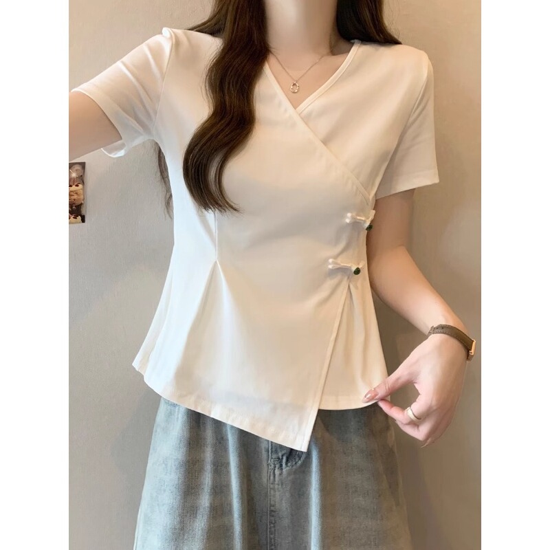 Irregular Buttoned Short-Sleeve T-Shirt for Summer, Slimming for Plus-Size Women, with Side Slits to Cover the Belly, T-Shirt A3471