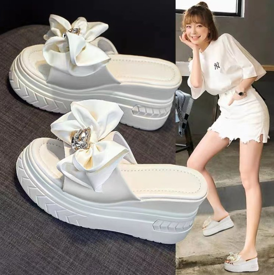 여성용 웨지힐 두꺼운 밑창 샌들, 요정 스타일 리본 매듭 라인스톤 2025 새로운 봄 패션 다용도