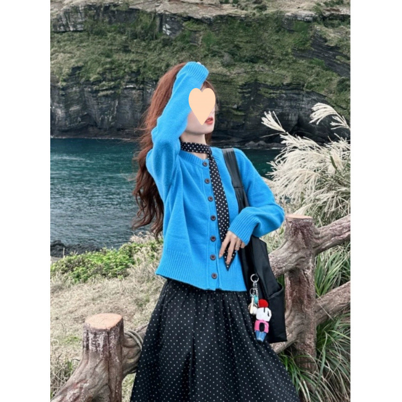 多巴胺克莱因蓝色长袖针织开衫女春秋新款宽松显瘦软糯糯毛衣外套|undefined