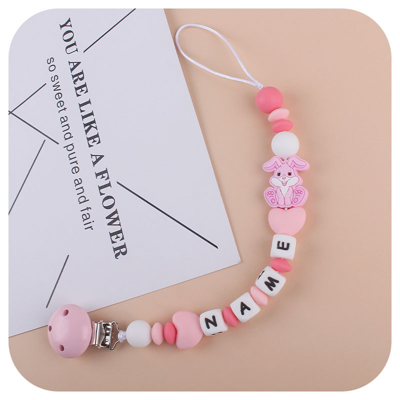 El Comercio exterior nueva cadena de chupete de conejo de silicona suministros para bebés personalizable nombre del bebé cadena anti-caída