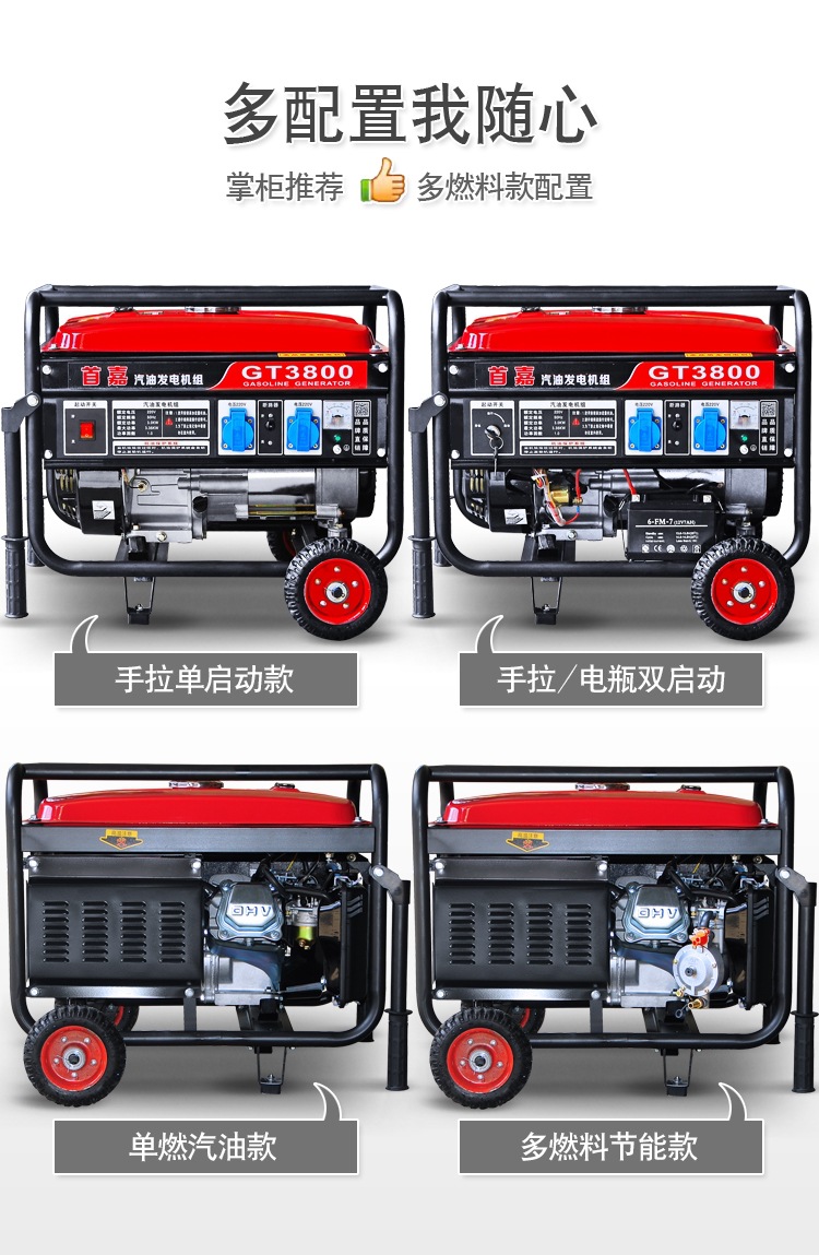 Shoujia Gasoline Generator Household 220V Single Phase 3Kw/5Kw/6Kw/8Kw/10Kw 12Kw Three Phase 380V