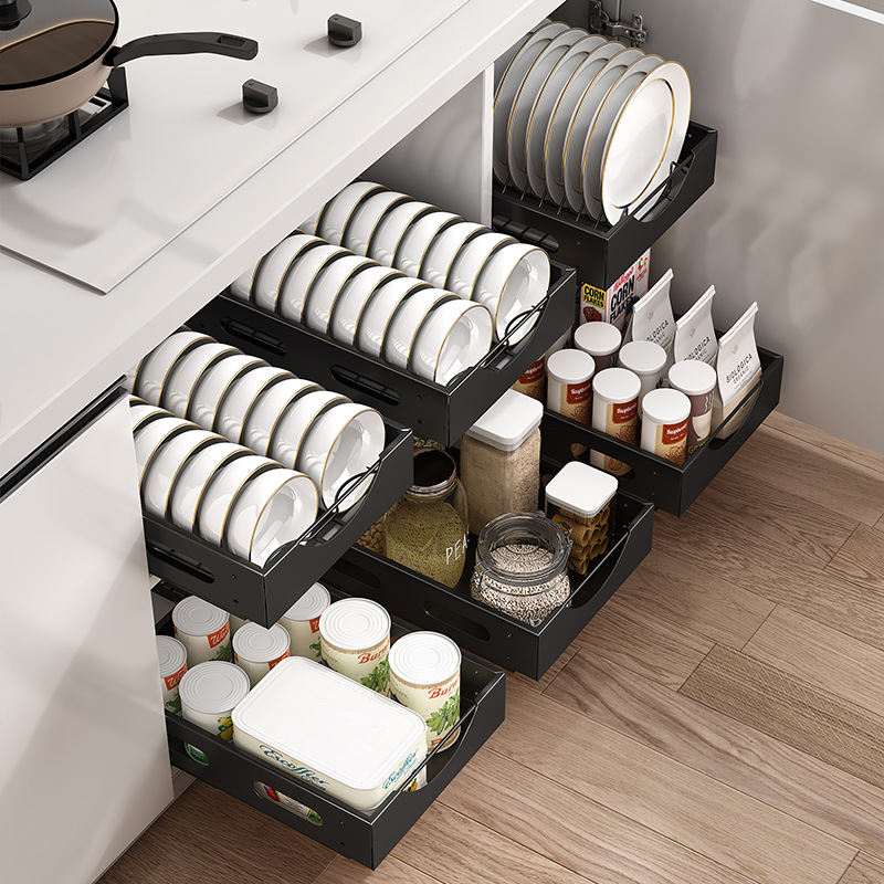 Multifunctional kitchen pull-out under sink storage rack carbon steel kitchen dish rack household spice bottle storage