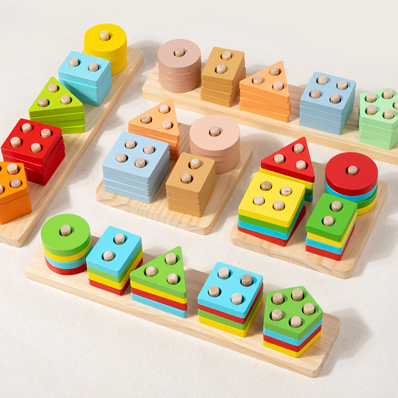 Bloques de madera de columna de madera para bebés movimiento fino educación temprana de la geometría de pares de colores juguetes de clasificación cognitiva