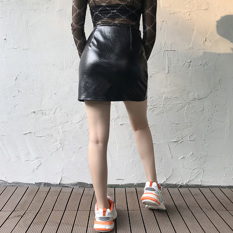 high waist slim slit crocodile pattern leather skirt NSSSN127845