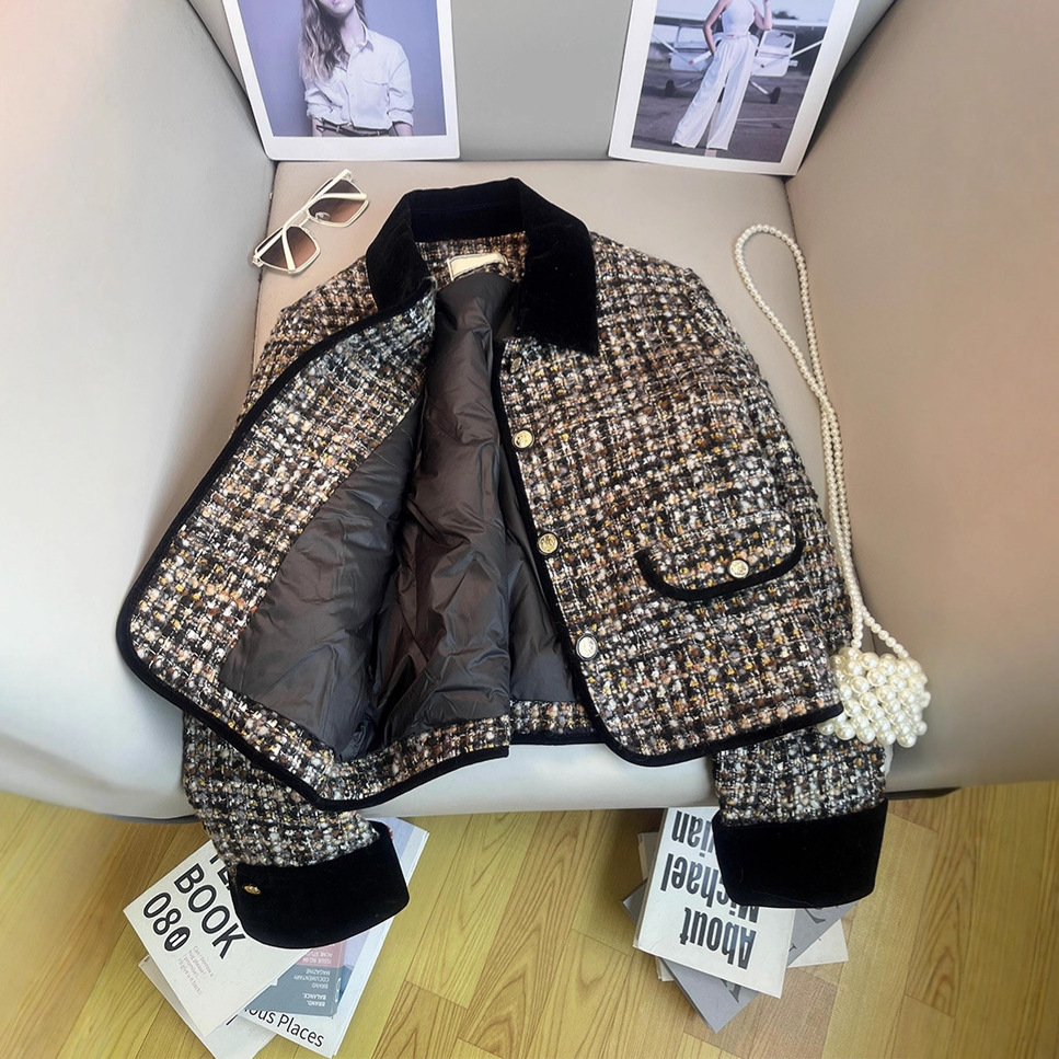 Black Lapel Small Fragrance Jacket for Women Autumn and Winter 2025 New French Quilted Thickeneded Tweed Short Top
