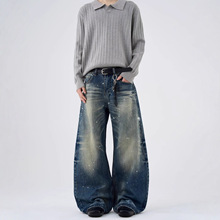 2025美式春季水洗做旧漆点涂鸦高腰直筒宽松压褶男女同款牛仔裤潮