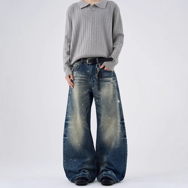 2025 American Spring Washed Distressed Paint Dot Graffiti High Waist Straight Loose Pleated Jeans for Men and Women Trendy 2025 American Spring Washed Distressed Paint Dot Graffiti High Waist Straight Loose Pleated Jeans for Men and Women Trendy