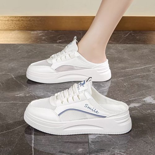Mesh Airy Slippers 2025 New Summer Casual White Shoes Thick Sole Stylish Rounded Toe Half Support Foreign Trade Wholesale