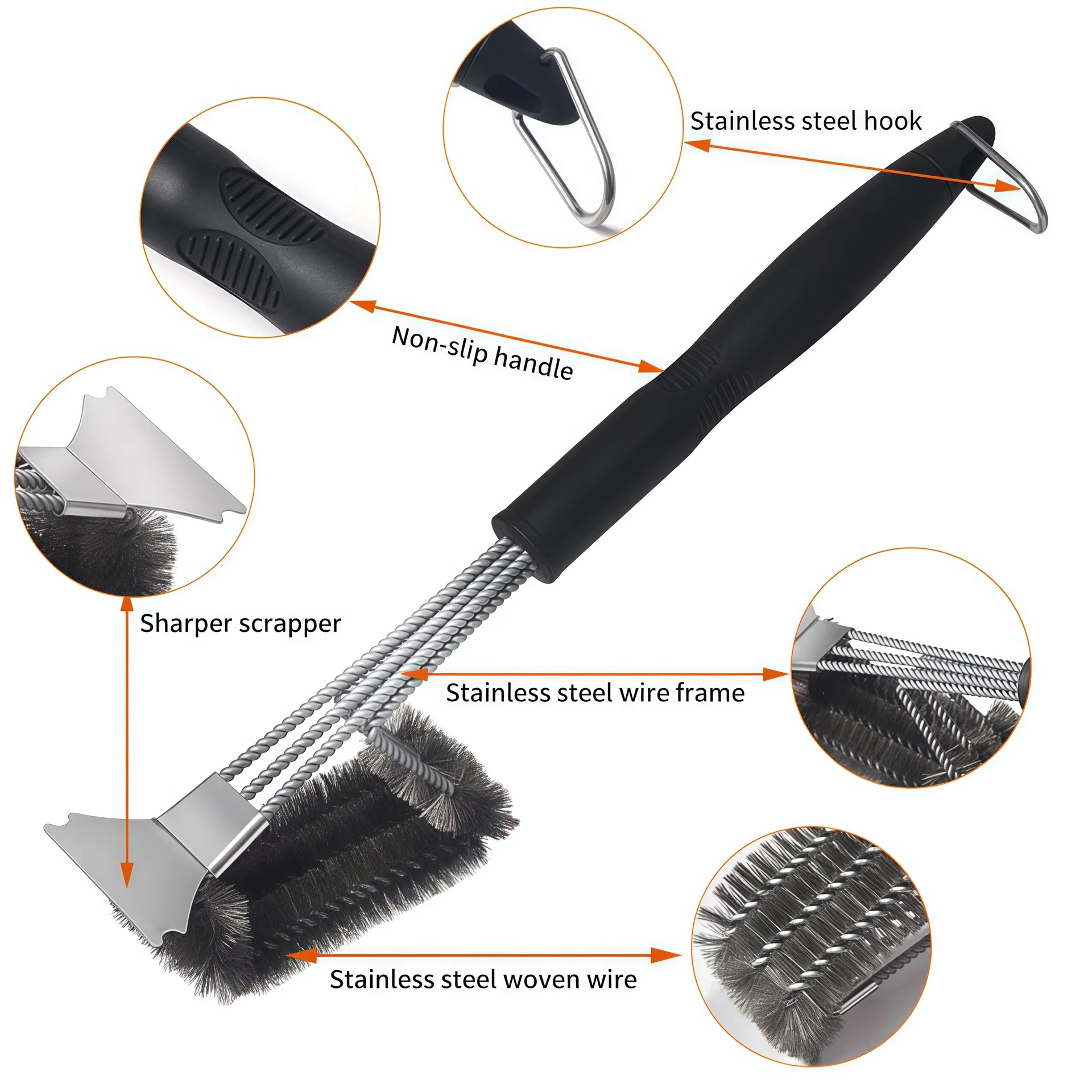 Cross-Border Stainless Steel Wire Brush Barbecue Cleaning Brush Oil Brush Barbecue Grill Brush Barbecue Cleaning Brush Barbecue Tools