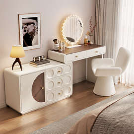 现代简约中古奶油风梳妆台法式卧室带妆凳收纳一体小户轻奢化妆桌