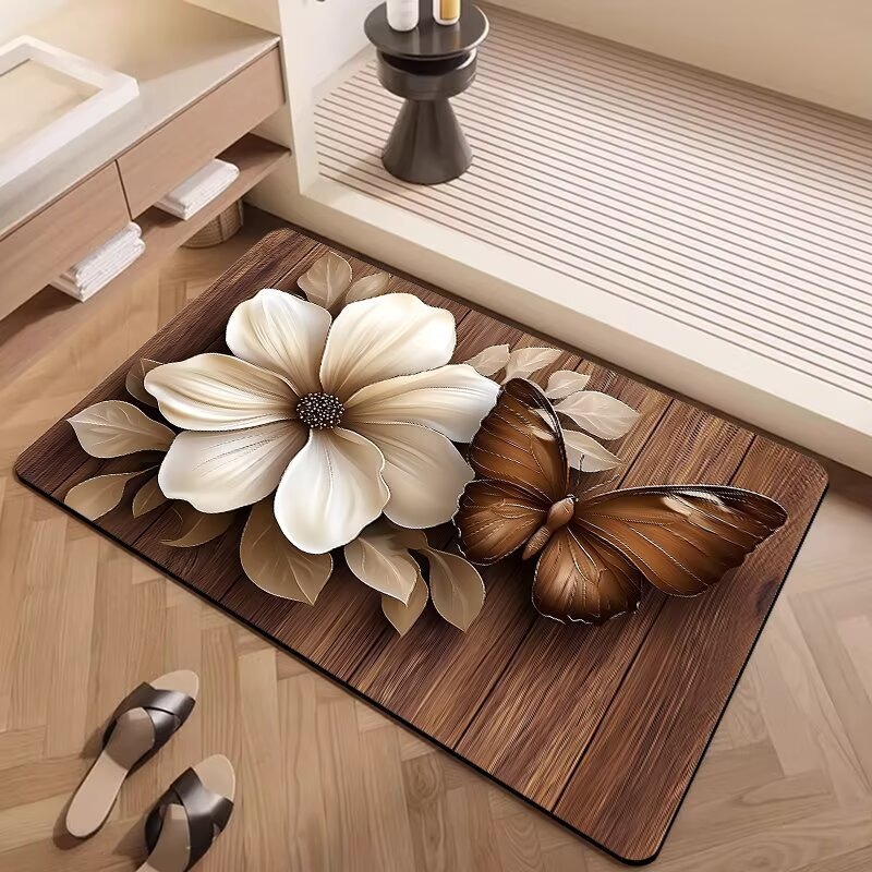 跨境木板蝴蝶卫生间浴室地毯吸水防滑耐脏易打理装饰硅藻泥地垫