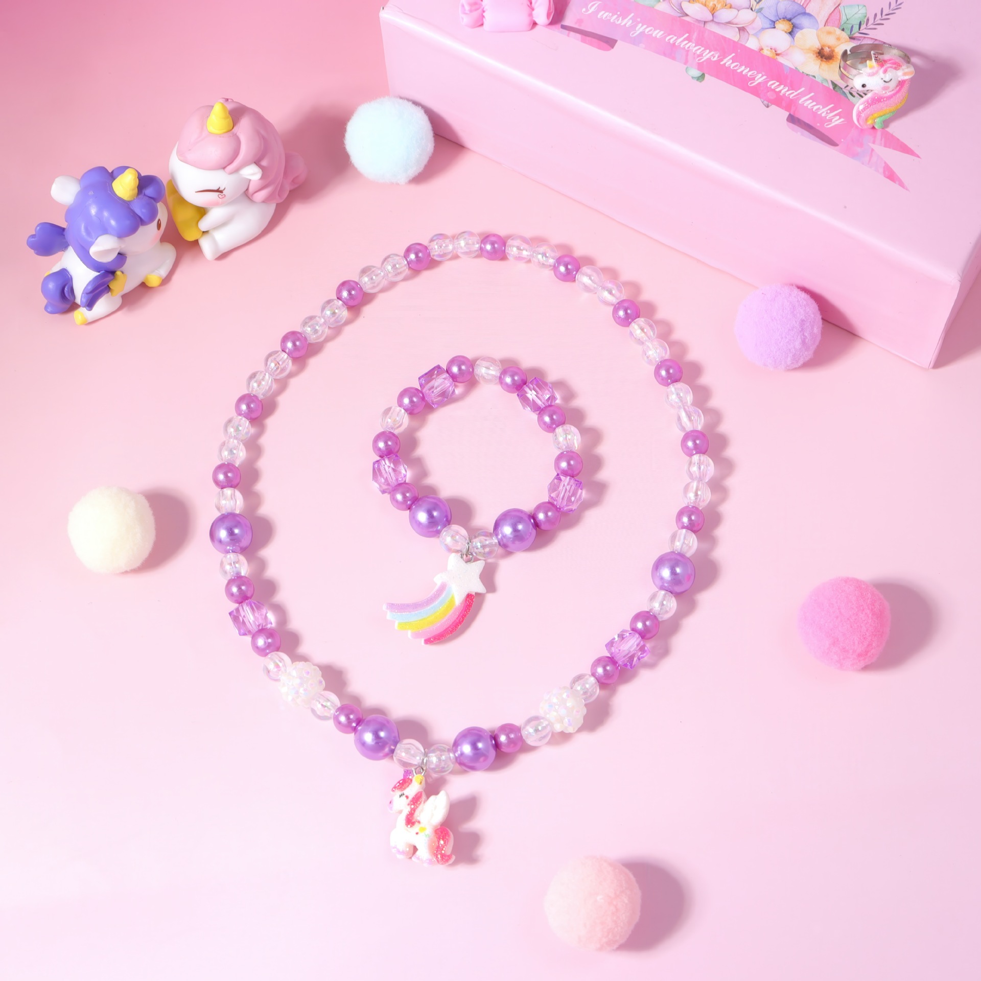 europe and america cross border purple handmade beaded necklace， bracelet set cartoon colorful unicorn princess children‘s ornaments