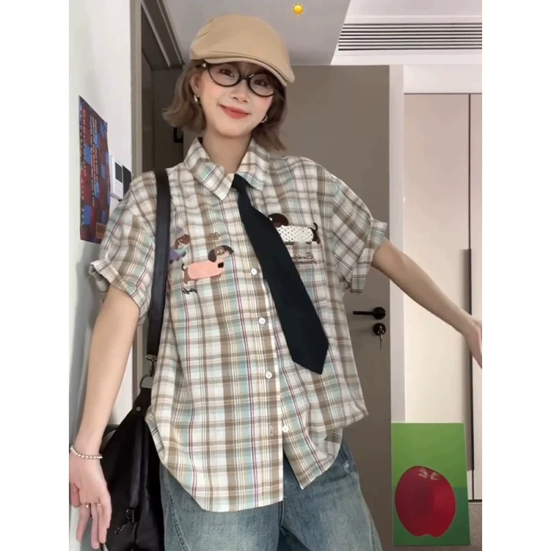 Американское забавное полотенце с вышивкой в ​​клетку, рубашка с короткими рукавами для женщин, новая летняя свободная повседневная рубашка, уникальный топ