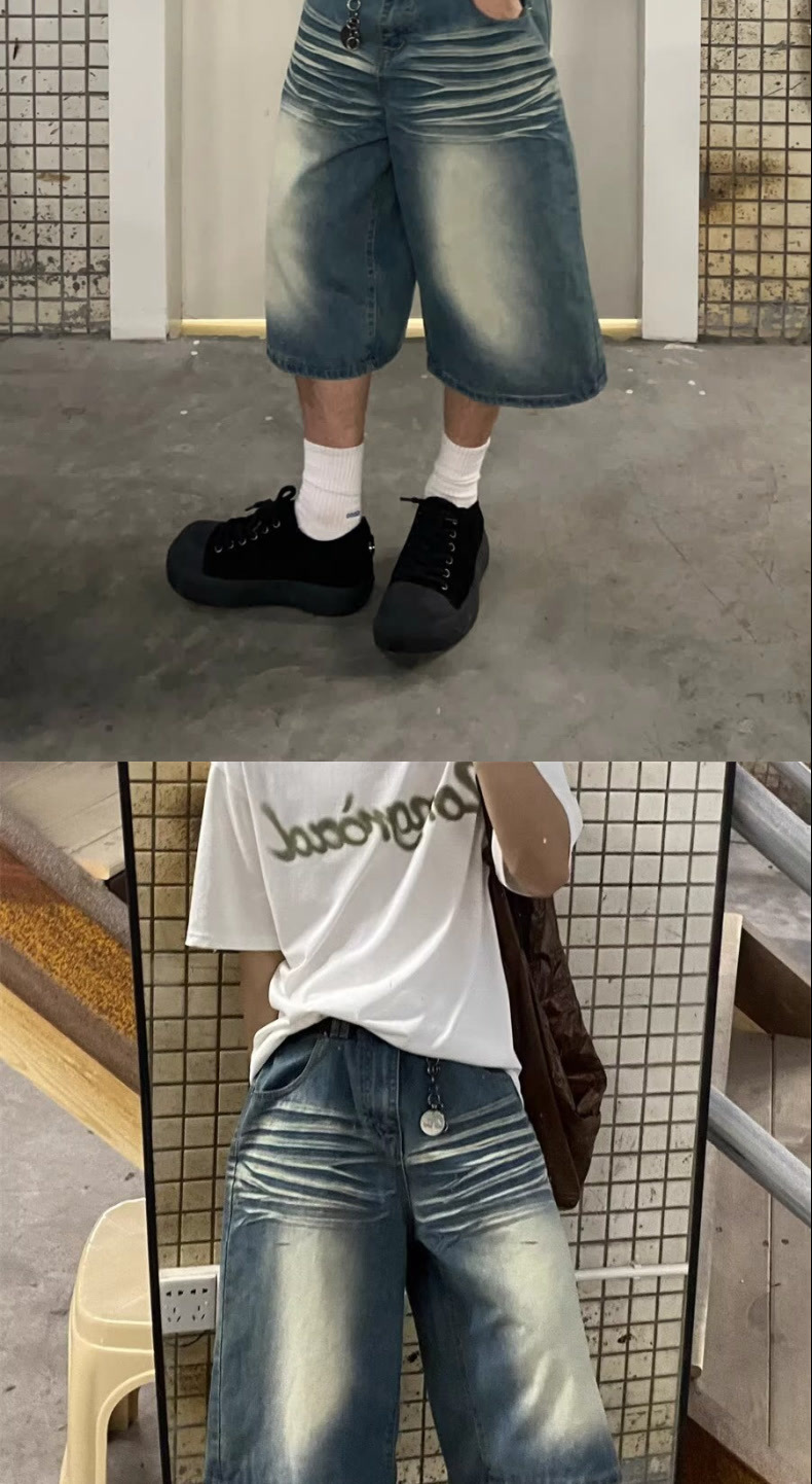 Men's Vintage Washed Blue Distressed Denim Shorts Loose Fit Streetwear Style Cargo Pants with Multi-Pockets_mkmklike.com