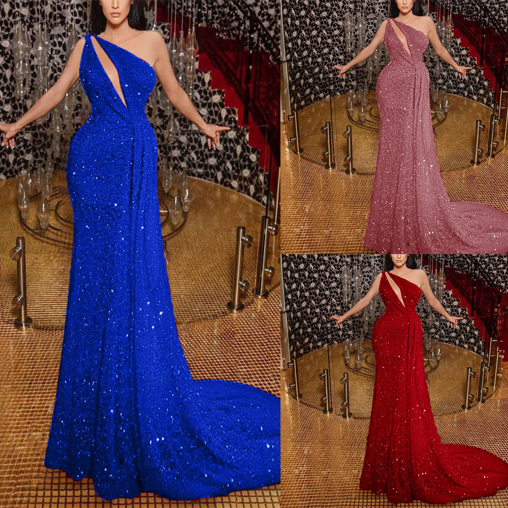 Vestido de noche con lentejuelas con cuentas de estilo de chica caliente, vestido de mujer de temperamento, falda larga de cadera dividida de cintura alta sexy