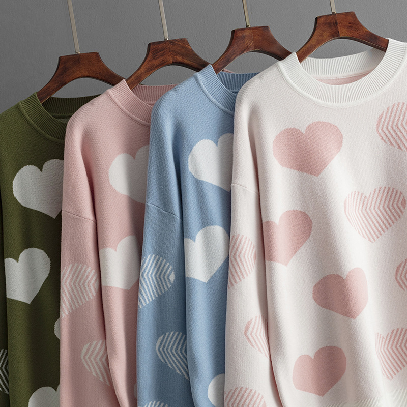 Long Sleeve Sleeve Length Pullovers Placket Type Wholesale Women's Casual Heart Shape Long Sleeve Jacquard Sweaters & Cardigans