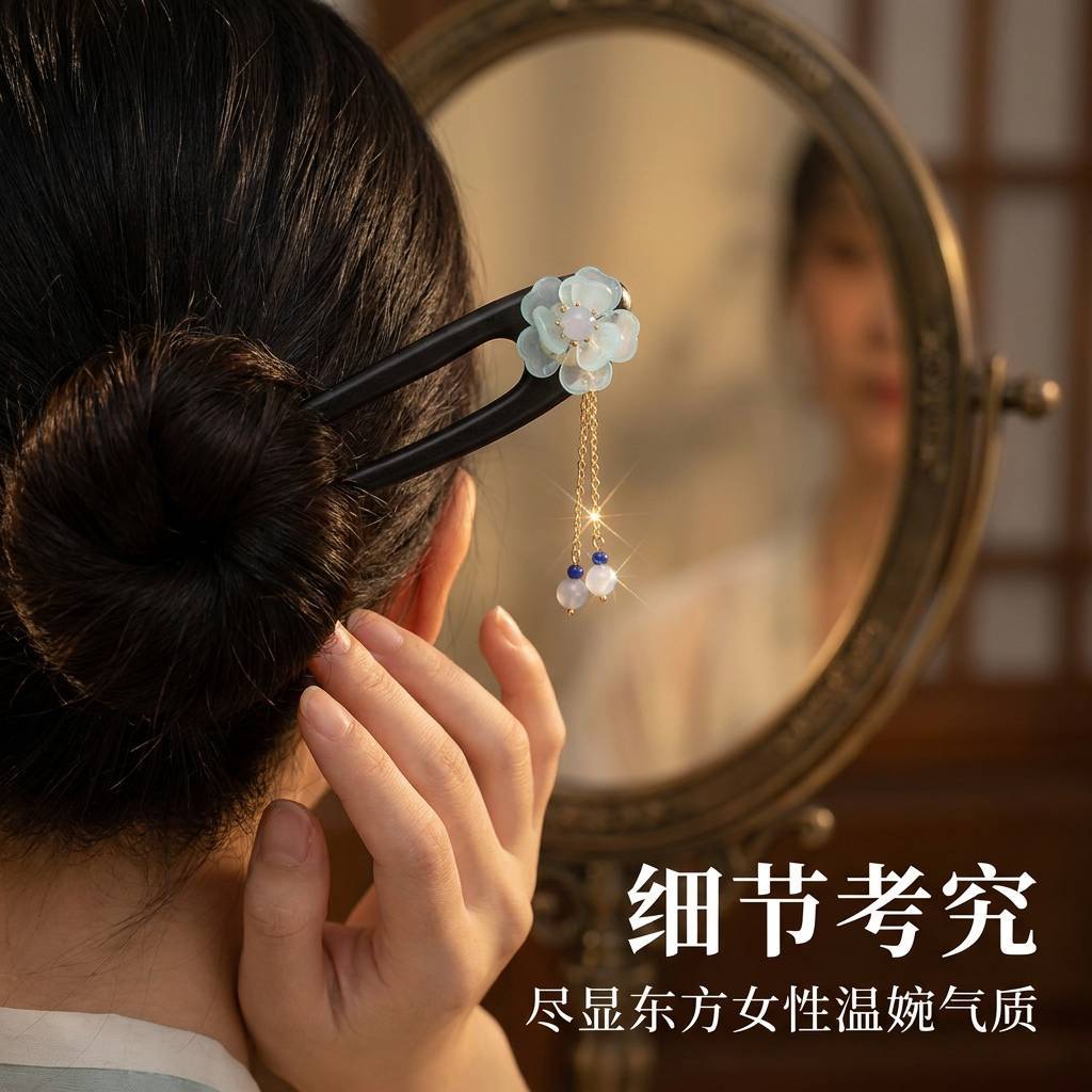 新中式双U型发簪发钗古风花朵木簪子汉服旗袍盘发丸子头流苏发饰