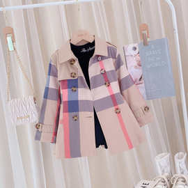 女童风衣2021新款儿童外套秋季女孩格子英伦风中长款韩版洋气上衣