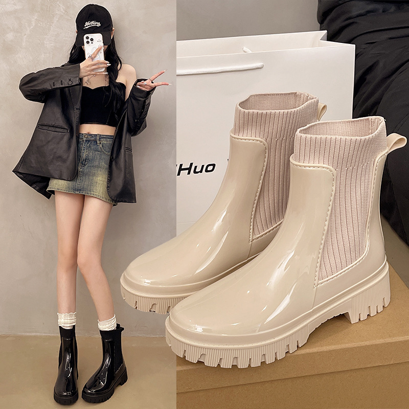 松紧带雨鞋女士时尚款外穿百搭防水雨靴厚底纯色简约防滑休闲套鞋|undefined
