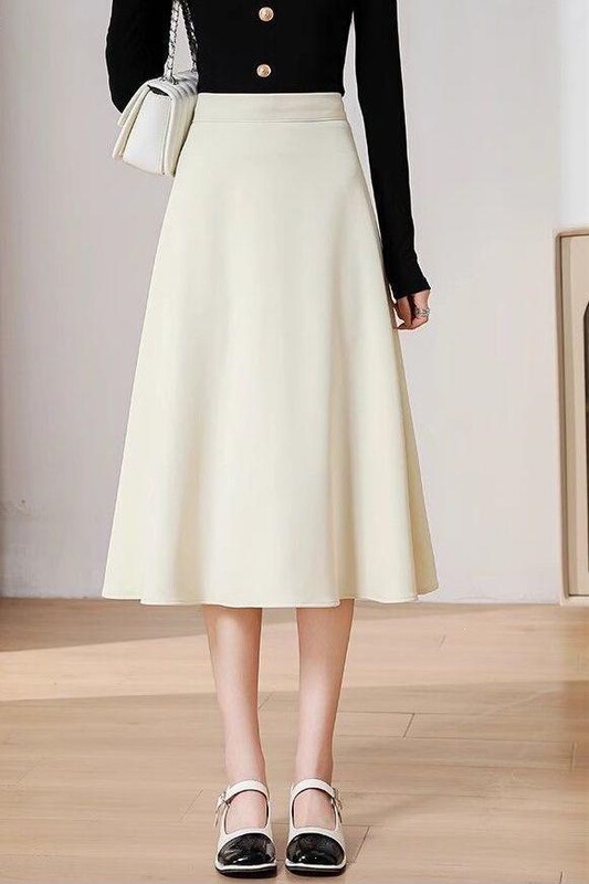 White midi skirt, suit fabric, A-line skirt, 2026 summer collection, designed for petite figures, slimming effect, flowing drape, with zipper White midi skirt, suit fabric, A-line skirt, 2026 summer collection, designed for petite figures, slimming effect, flowing drape, with zipper