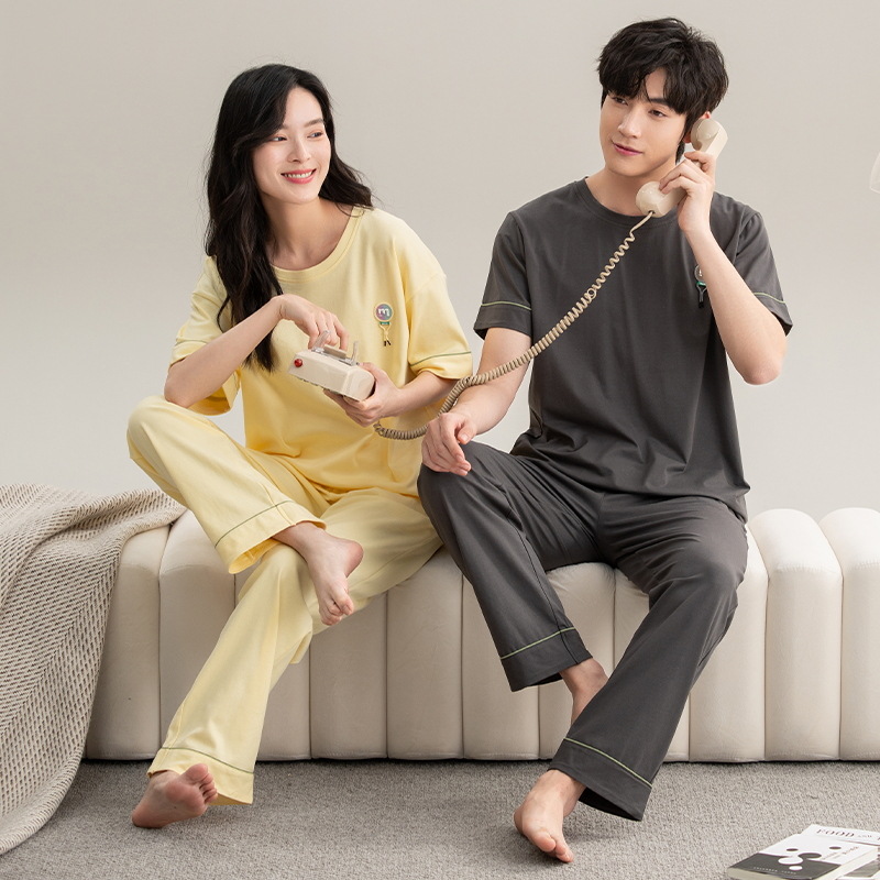 [Antibacteriano] pijama hombre de verano de mangas cortas de algodón pareja conjunto de mujeres casuales de color sólido de alta calidad ropa para el hogar