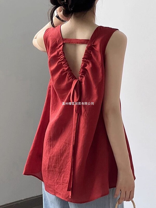 Korean-Style Red Loose Sleeveless Shirt for Women, 2026 Summer Design with Bow Tie and Backless Pure Desire Top