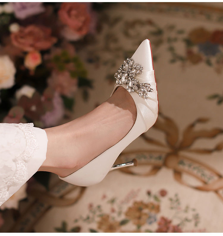 H-18 High Heels Wedding Banquet Women Elegant Stiletto Sexy Bridesmaid Pointed Toe Style White Large Size Single_vogvips.com
