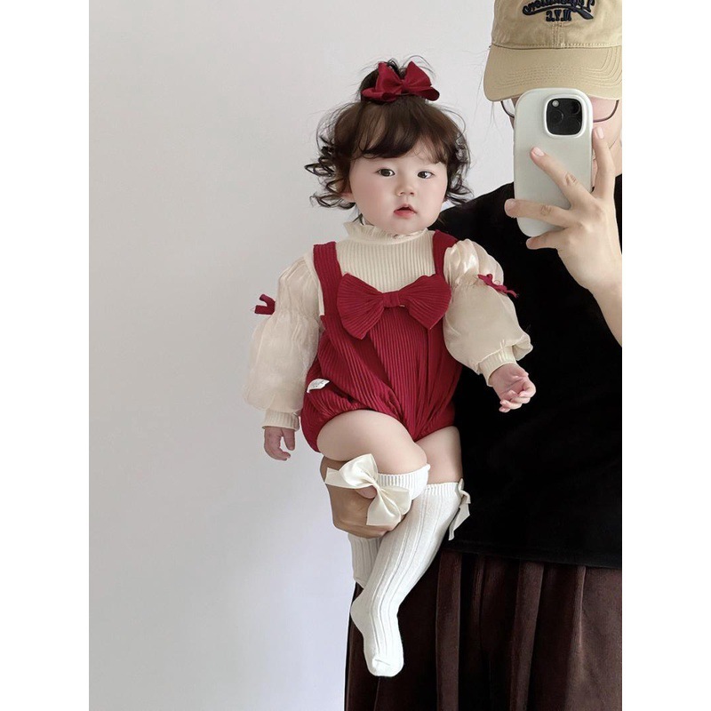 ベビー服、秋服、女性用リボンパフスリーブ、フェイクツーピースカバーオール、新生児満月百日ジャンプスーツ|undefined