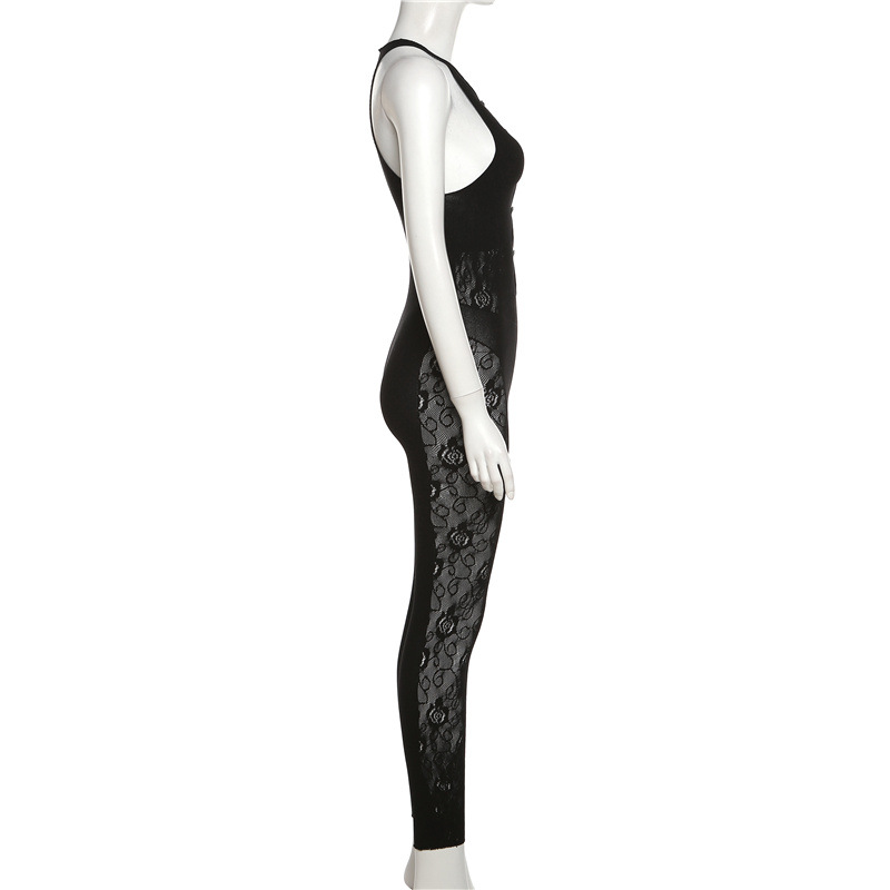Spring Women Sexy Jacquard Fishnet Clothes Solid Color Hollow Out Cutout out High Elastic Tight Jumpsuit