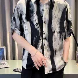 夏季轻熟风斑马纹短袖衬衫男设计感韩版潮网红坠感豹纹冰丝衬衣